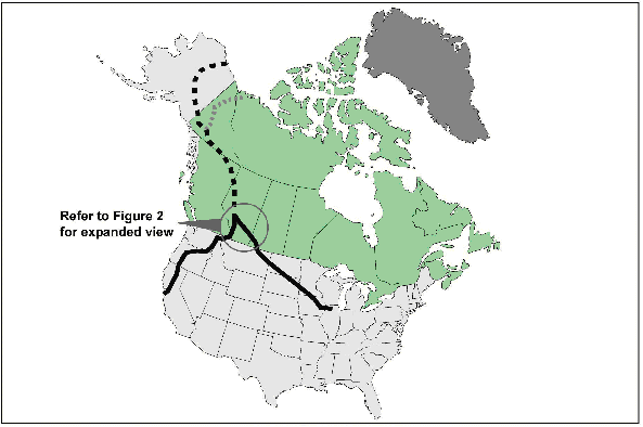 The proposed pipeline route (dotted) and the connected pipeline infrastructure in North America.